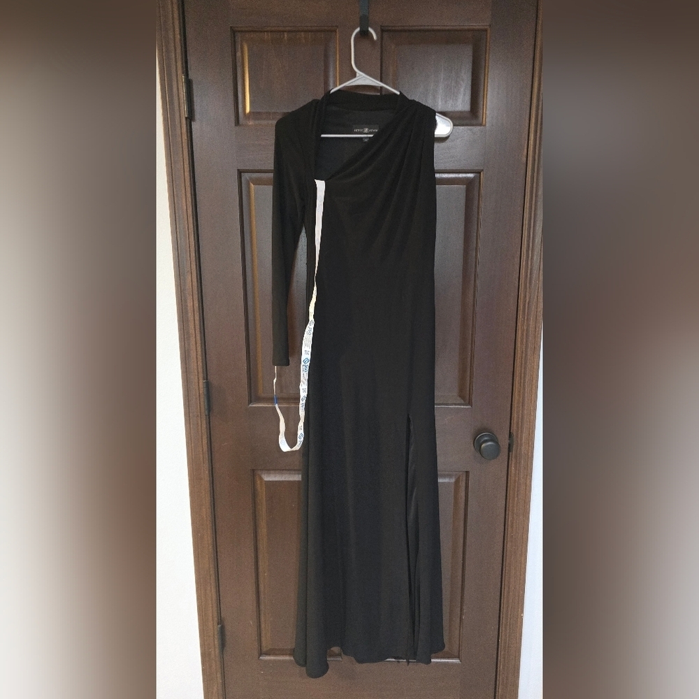Betsy & Adam Asymmetric-Neck One-Sleeve Gown Dress Black Side Slit  Size 4 NWT - Picture 3 of 10